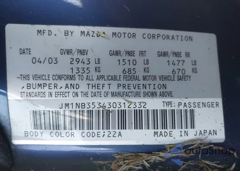 2003 Mazda Mx-5 Miata Cloth/Ls/Se/Shinsen из США, поврежденный, VIN JM1NB353430312332